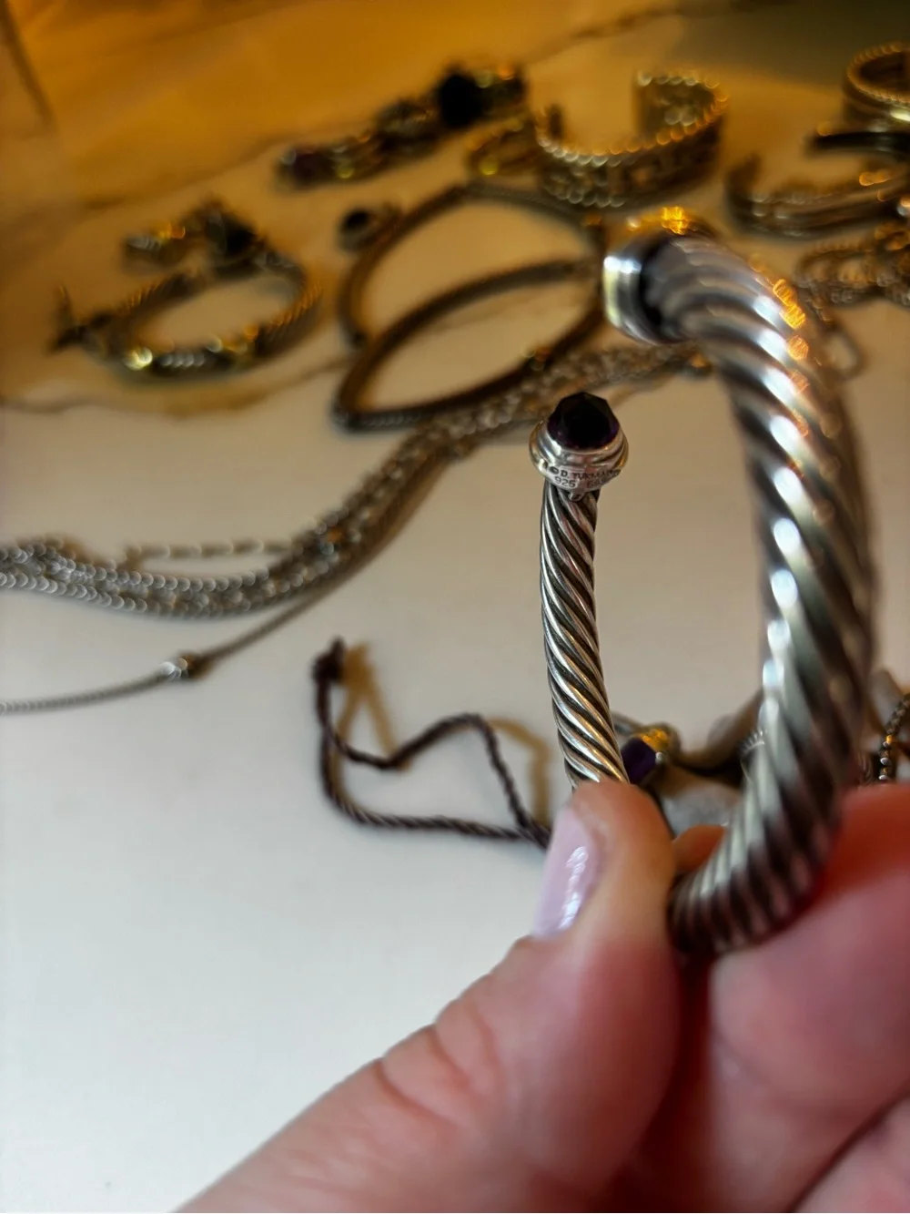 David Yurman Sterling Cable Cuff with Purple Terminals and Gold Accents
